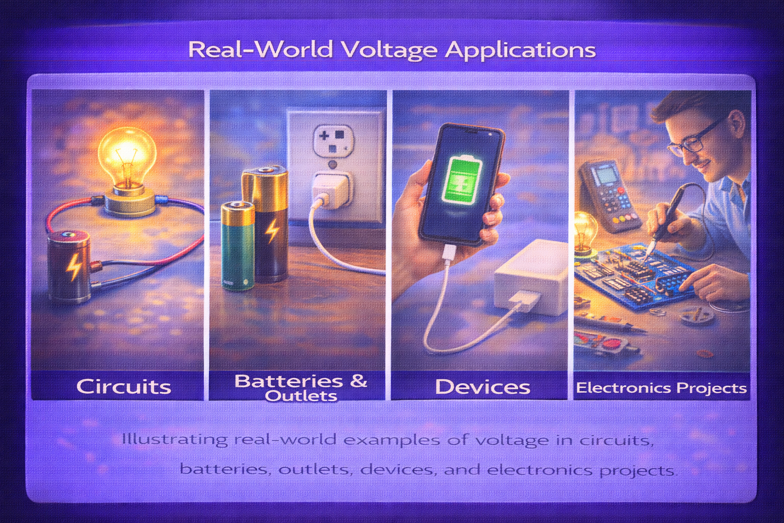 Real world voltage applications in circuits, batteries, outlets, devices, and electronics projects